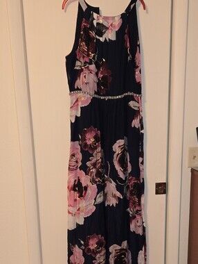SLNY Navy Maxi Dress with Pink Floral Print and Jeweled Waist